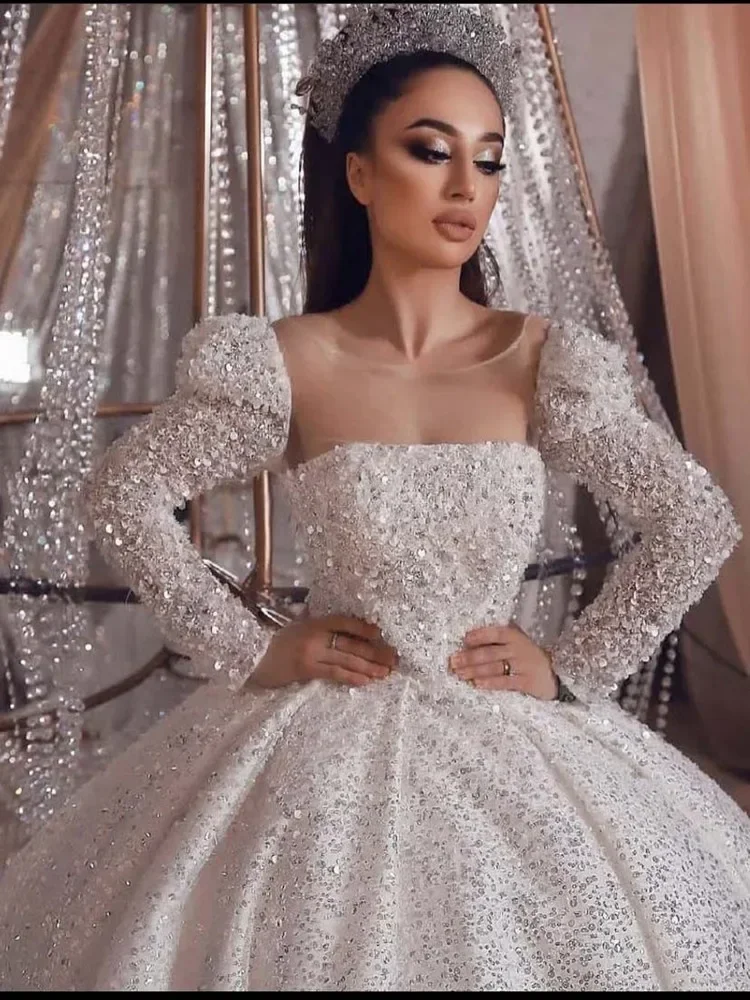 Vestido De Novia personalizado con cuentas y lentejuelas, vestido De baile De manga larga, bata hinchada, Vestidos De Novia
