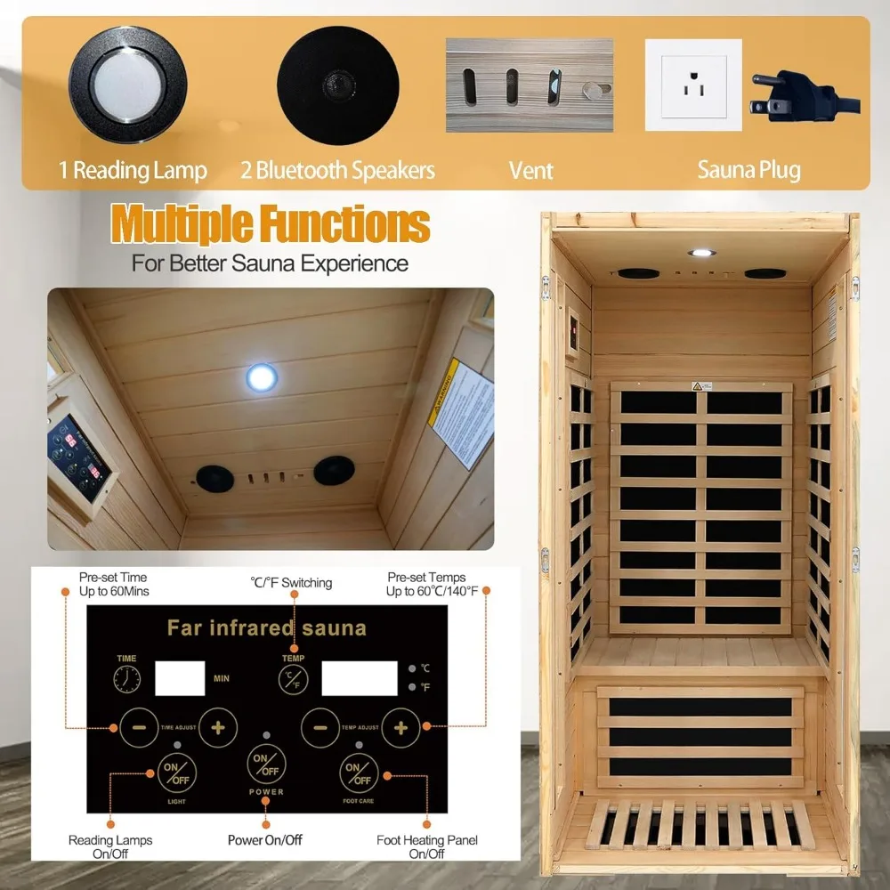 Sauna de infrarrojos lejanos Sauna de madera canadiense Hemlock para 1 persona, 1300 W bajo EMF con panel de control, altavoces Bluetooth, lámpara de lectura LED