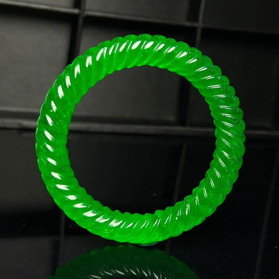 Certified Natural Icy green Jade jadeite artistic carving bracelets Bangle 60mm