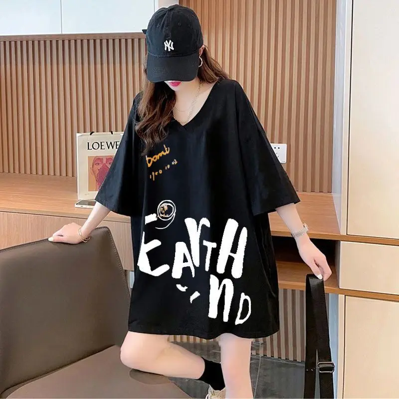 Young Style Letter Printed T-shirt Streetwear Loose 2024 Summer Fashion Backless Women\'s Clothing Korean Casual V-Neck Pullovers