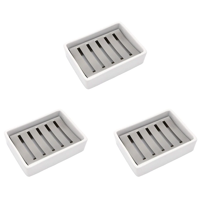 

BEAU-3X Ceramic Soap Dish Stainless Steel Soap Holder For Bathroom And Shower Double Layer Draining Soap Box