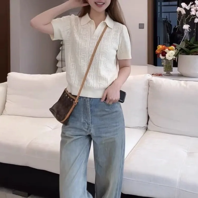 Branco jacquard malha camisola t feminino 2025 verão elegante chique moda senhoras topos malhas manga curta oco para fora jumpers
