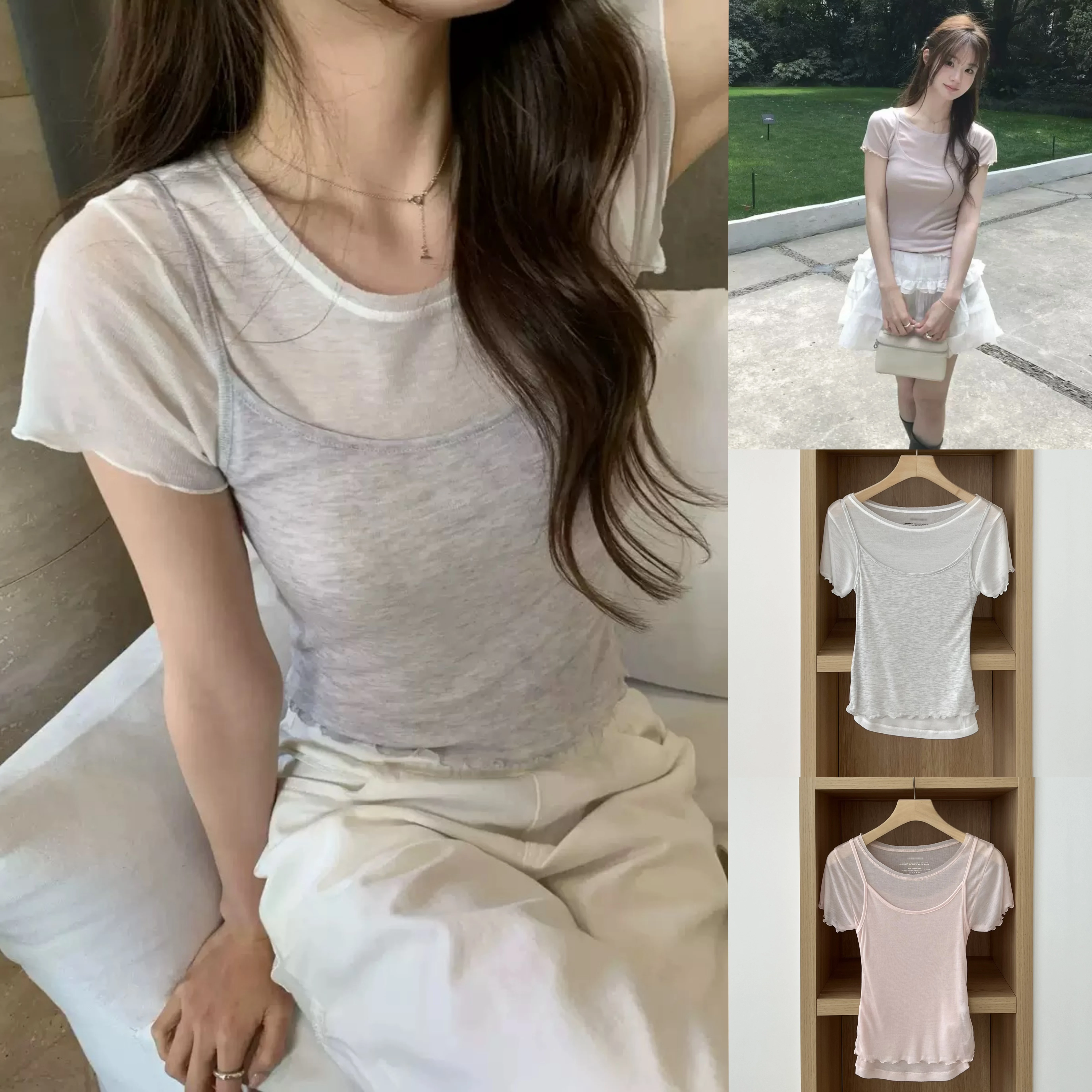 

Sweet Wave Short Sleeve T-Shirt Strap Set Slim Fit Base Layer Korean Style Vegetable Home 26 Summer Fashion Women's Set