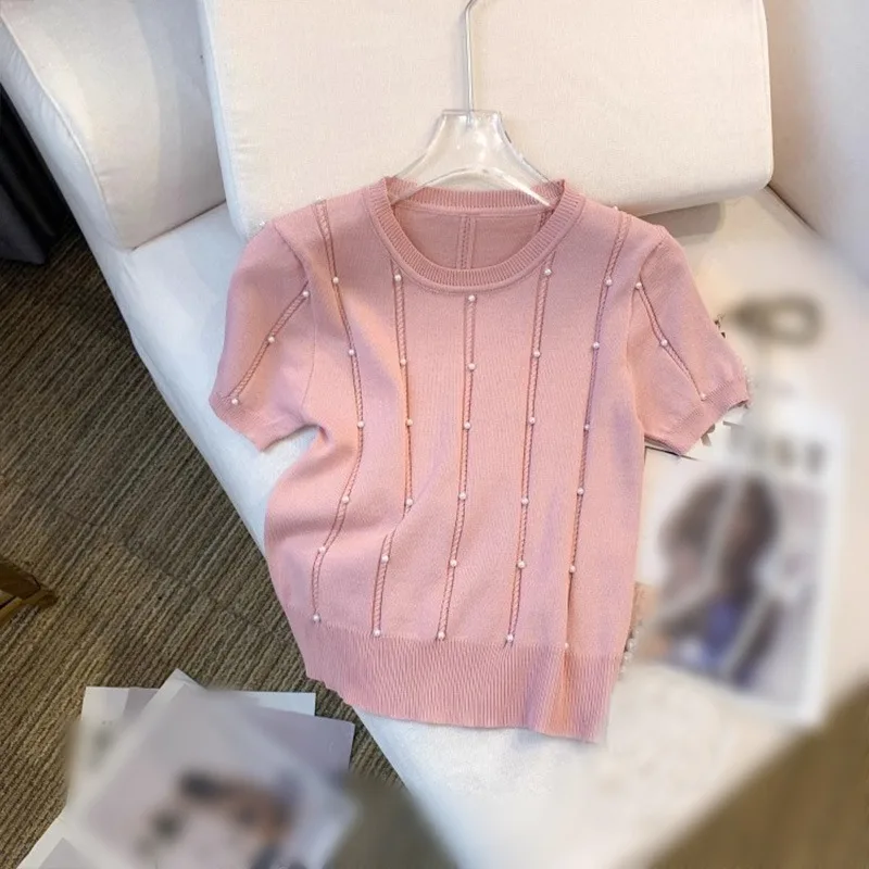 

Summer Retro Round Neck Pearl Embellished Casual Versatile Gentle Style Knit Short Sleeve Top Thin Knit Short Sleeve