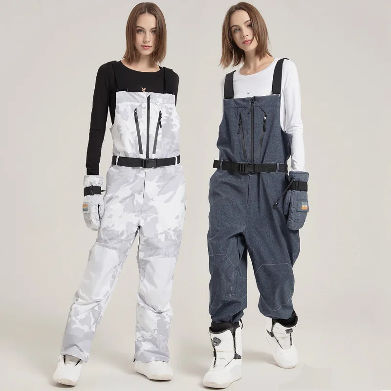 

Winter New One Piece Ski Pants Overalls Men Women Denim Jumpsuits Outdoor Snowboard Suits Loose Windproof Waterproof Ski Suits