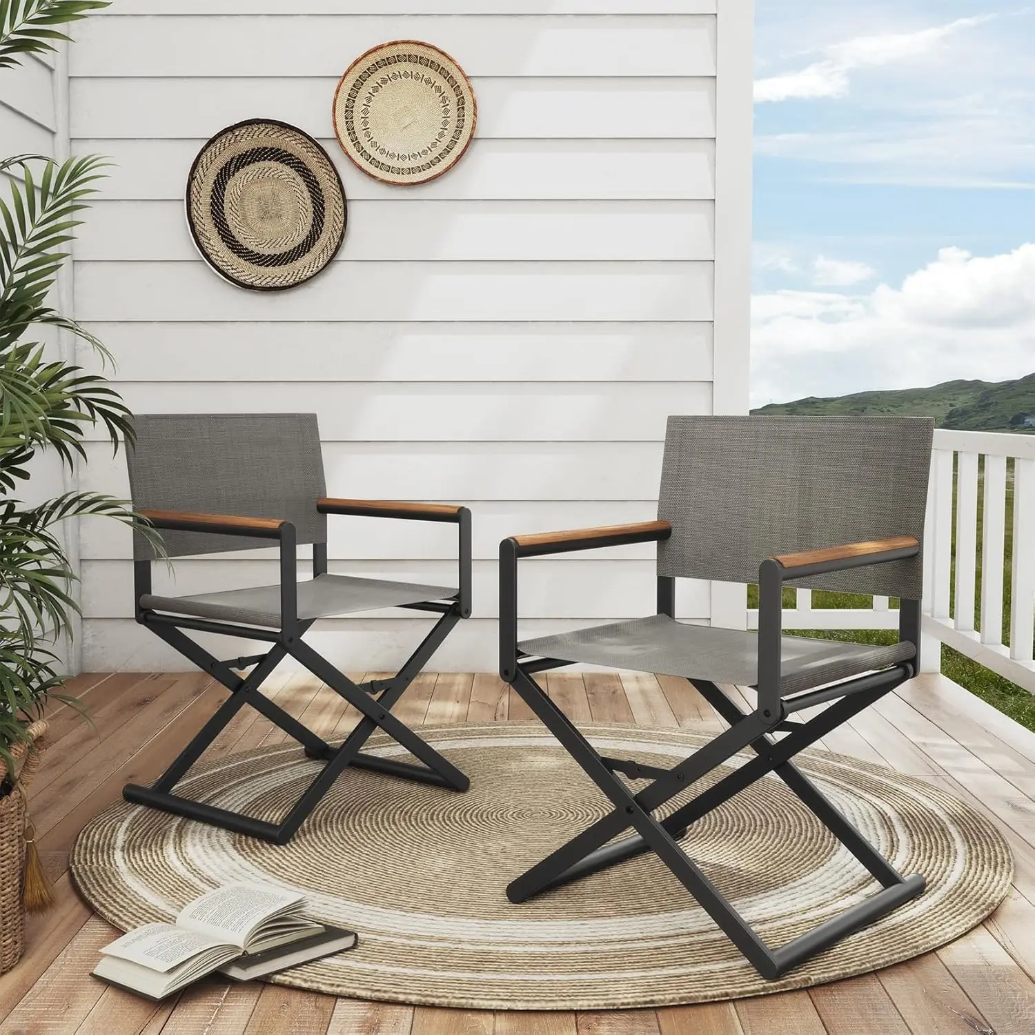 

2-Pack Extra-Wide Folding Chairs, Sling, Woodgrain Armrests, Outdoor