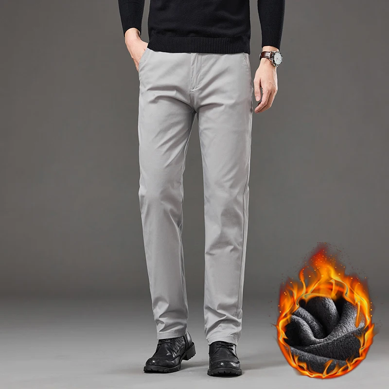 Winter Warm Fleece Casual Pants Men Business Straight Work Flocking Plush Thicken Khaki Light Gray Formal Suit Trousers Male - Image 5