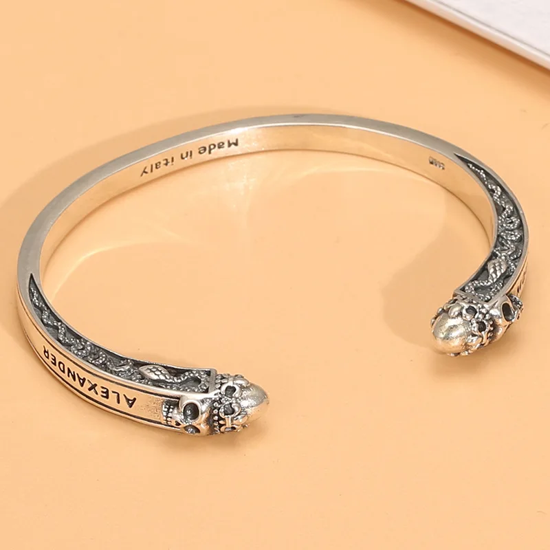 

S925 thai silver retro national trend style skull snake pattern bracelet hand jewelry open bracelet menfashion jewelry