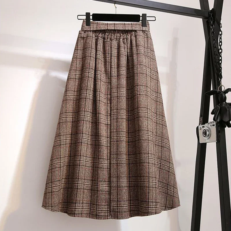 Korean Woolen Plaid Skirt Women 2024 Autumn Winter Vintage Elastic High Waist Skirt Woman with Belt A-Line Slim Fit Long Skirts