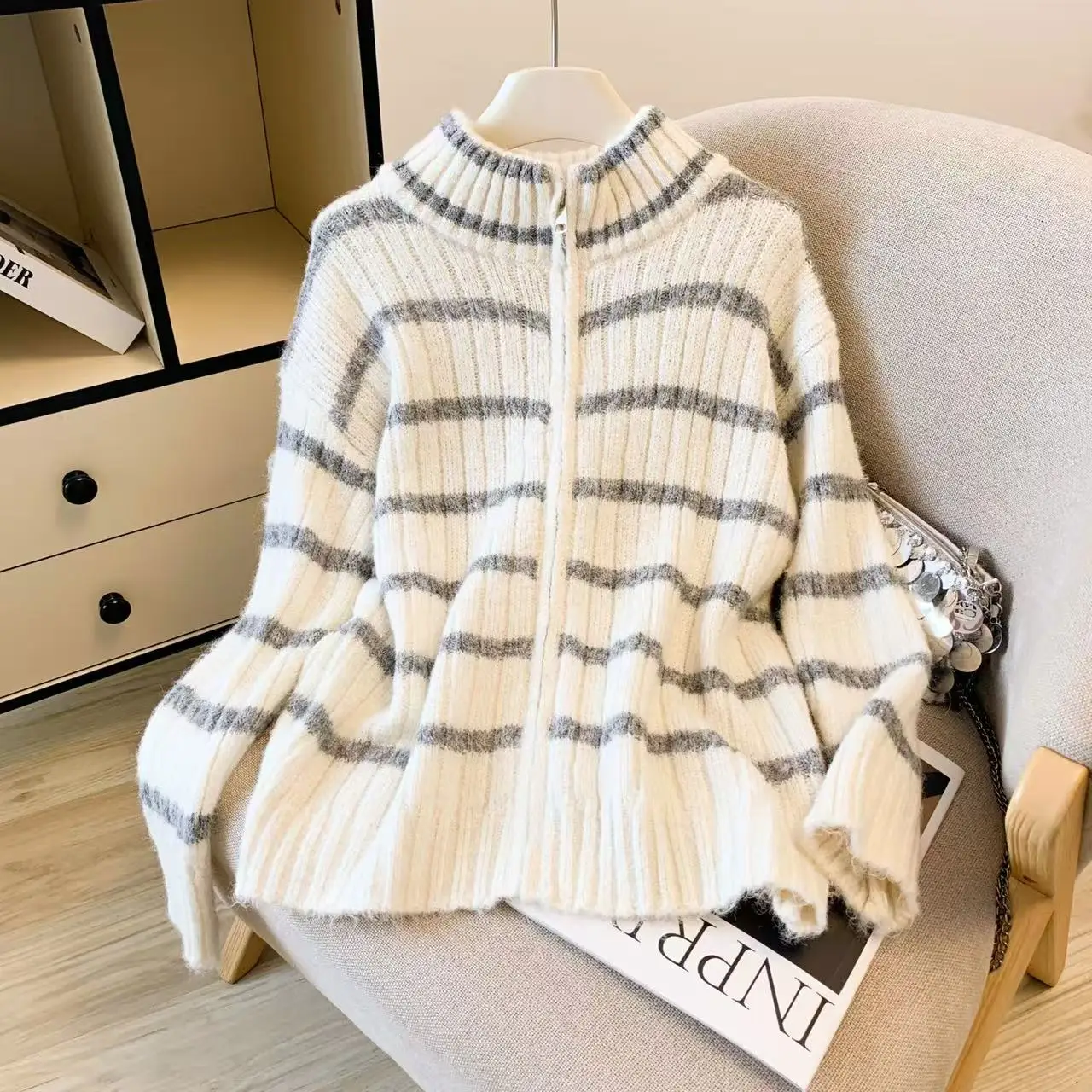 الرجعية كسول Sle فضفاض مخطط سترة مشغولة من الصوف معطف الصوف الناعم العصرية ربيع الخريف الشتاء المرأة مستقيم أنبوب سترة