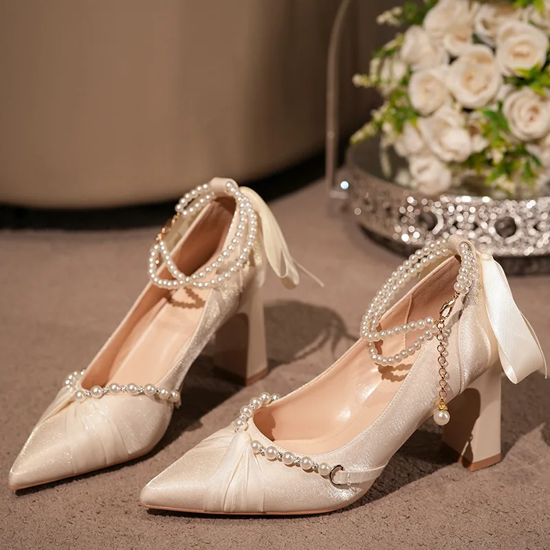 

2026 New Pearl Chain Bridesmaid Shoes Banquet Sexy High Heels Women's Thick Heel