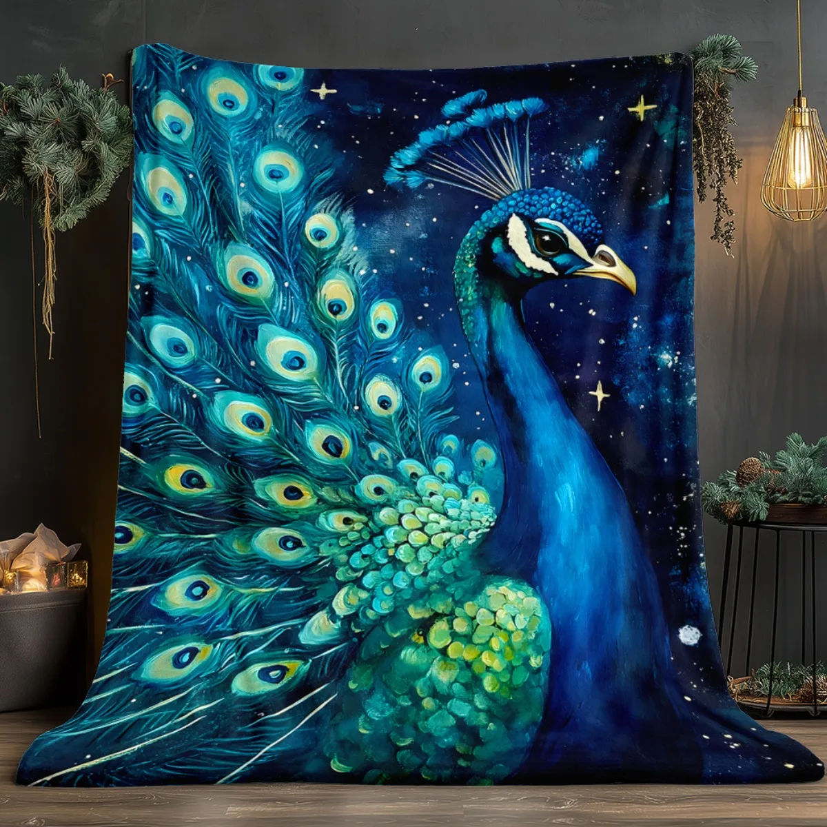 Blue Peacock Night Sky Fleece Blanket Gorgeous Feather Pattern Starry Background Soft Flannel Throw Cover Home Decor Gift for