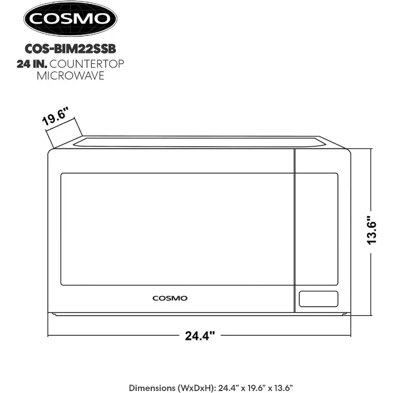 Forno micro-ondas de bancada Cosmo COS-BIM22SSB com sensor inteligente, predefinições de toque, 1200 W e 2,2 cu. pés de capacidade, 24 polegadas