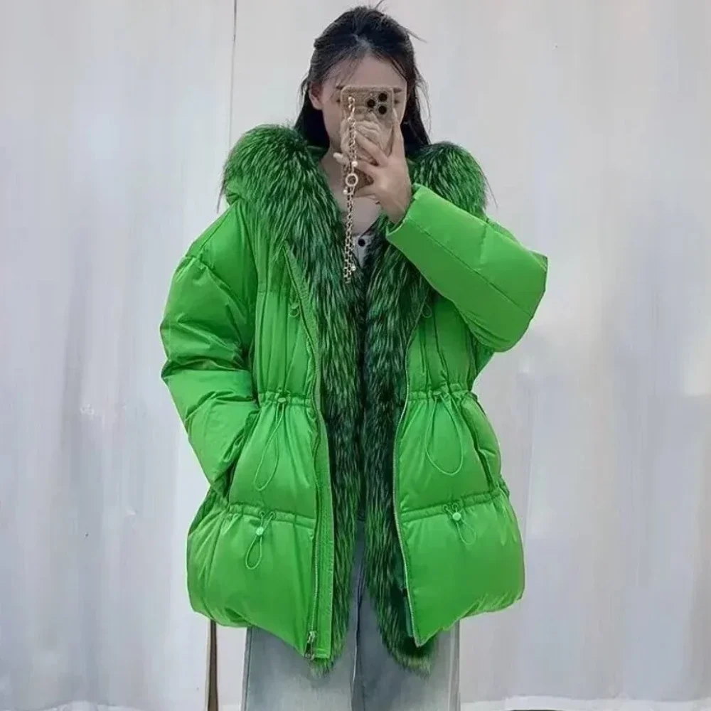 الفراء الحقيقي الطبيعي الثعلب الفراء طوق سميكة واقع الفراء سترة المرأة شتاء دافئ الأبيض أوزة أسفل معطف فضفاض قصير سترة منفوخة #5