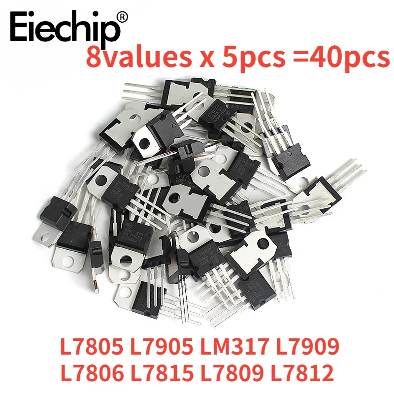 40PCS Mosfet Transistor Assortment Kit IC TO-220 L7805 L7806 L7809 L7812 L7815  L7905 L7909 LM317T Voltage Regulators