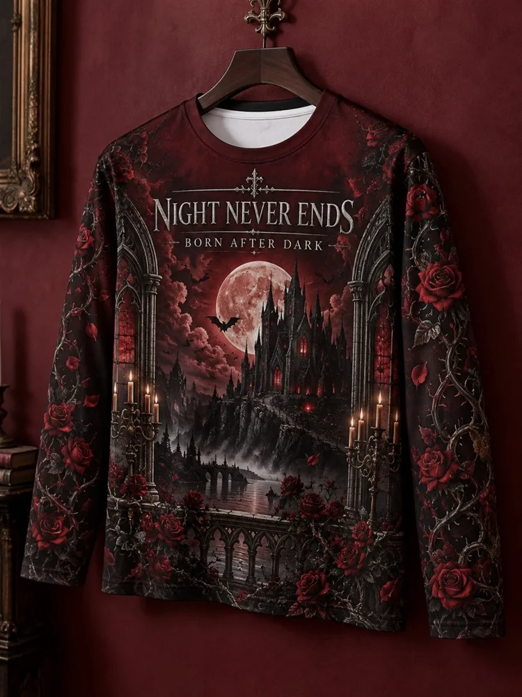 Men's Skull Reaper Raven Moon Route 13 Long Sleeve T-Shirt Fire Burning Road Apocalypse Graphic Tee Gothic Pullover Tops Gift