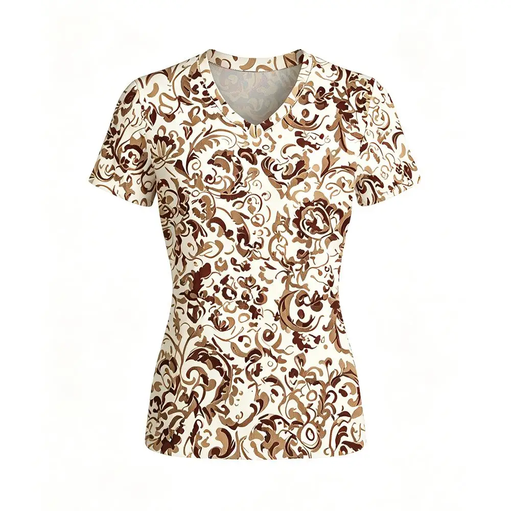 

Women Retro Vine Print T-Shirts Daily Comfortable Breathable Summer Short Sleeve Tees Boho Style Fashion Casual Slim V-Neck Tops