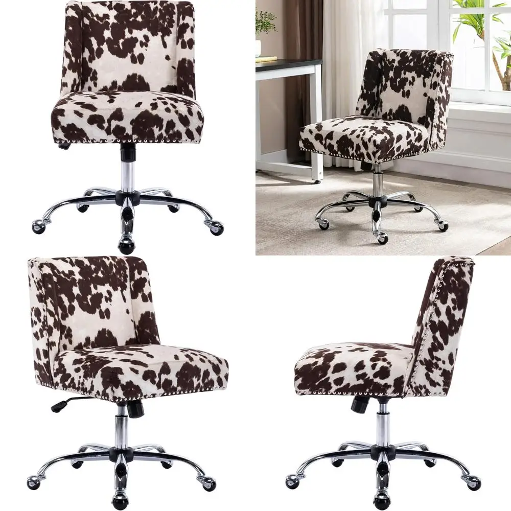 Adjustable Swivel Fabric Chair for Home Office and Living Spaces: Armless Upholstered Accent Chair with Cow Print