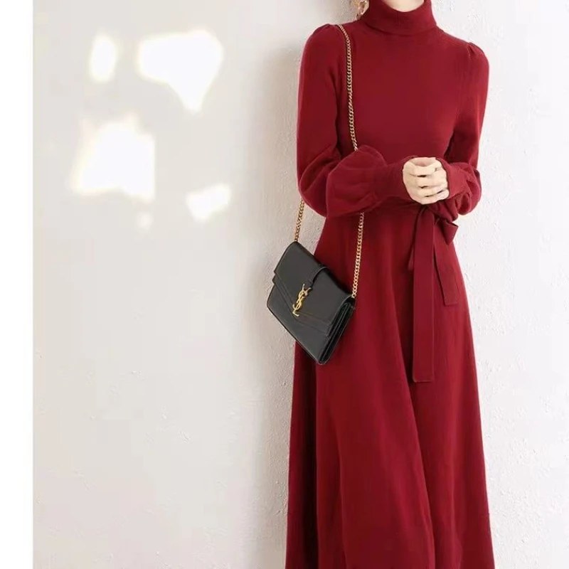 

Woman Elegant Turtleneck Loose A-line Bandage Pleated Dresses New Female Casual Knitted Solid Color Dress Clothes Vestidos G655