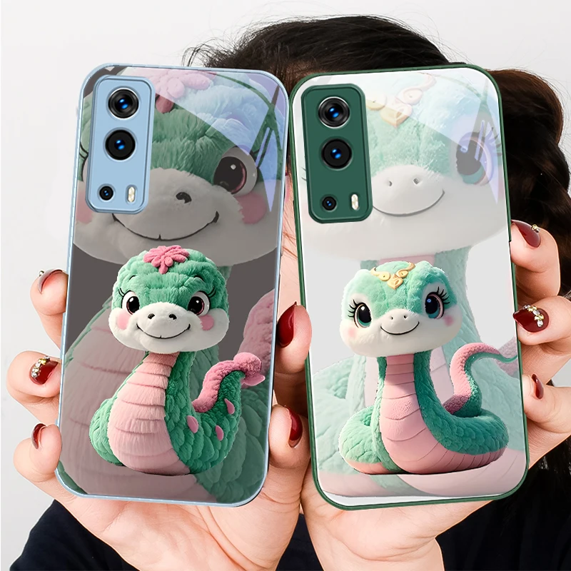 

Cute Cartoon Snake Green For VIVO Y72 X100 Pro Y55 16 V20 29 V30 X60 Pro Y11s Y20 X80 Pro 5G Y36 4G V23e Tempered Phone Case