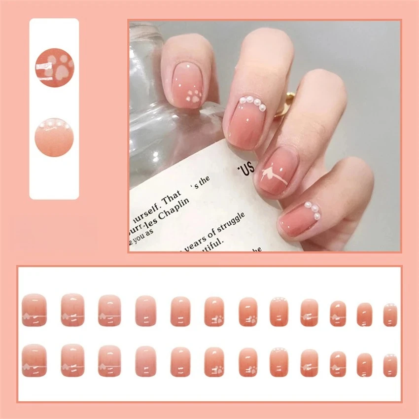 24Pcs/Set Pearl Drilling Square Wearing False Nails Repeated Use Press on Nail Tips Gradient Color Halo Explosion Fake Nails Art