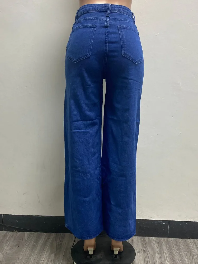 High Street Washing Side Breasted Denim Pant High Waist Casual Denim Pants Straight Trousers 2025 New Lady Y2k Denim Trousers