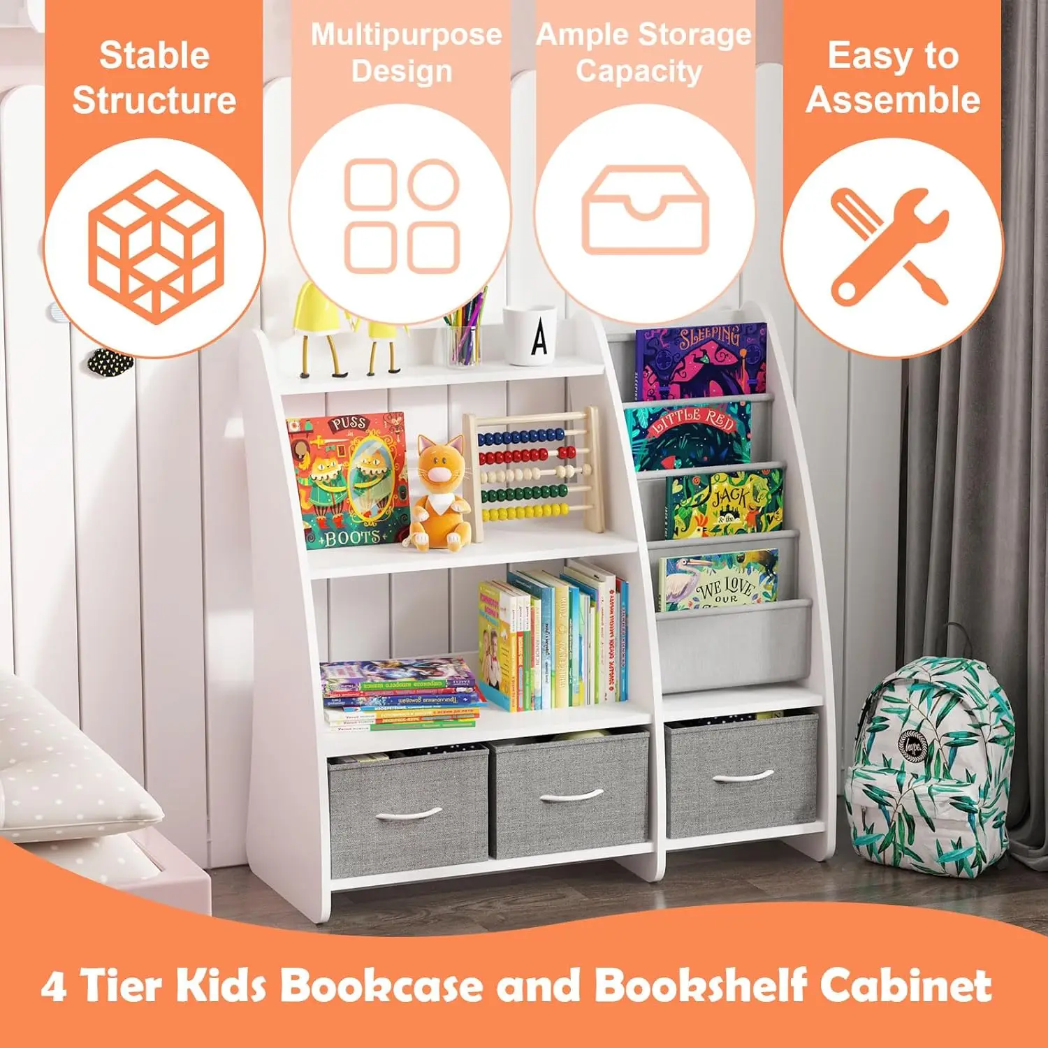 Armoire de rangement en bois pour enfants, bibliothèque pour enfants, livre à bandoulière pour tout-petits, bacs à 3 cubes, voilier, périphérie, T1