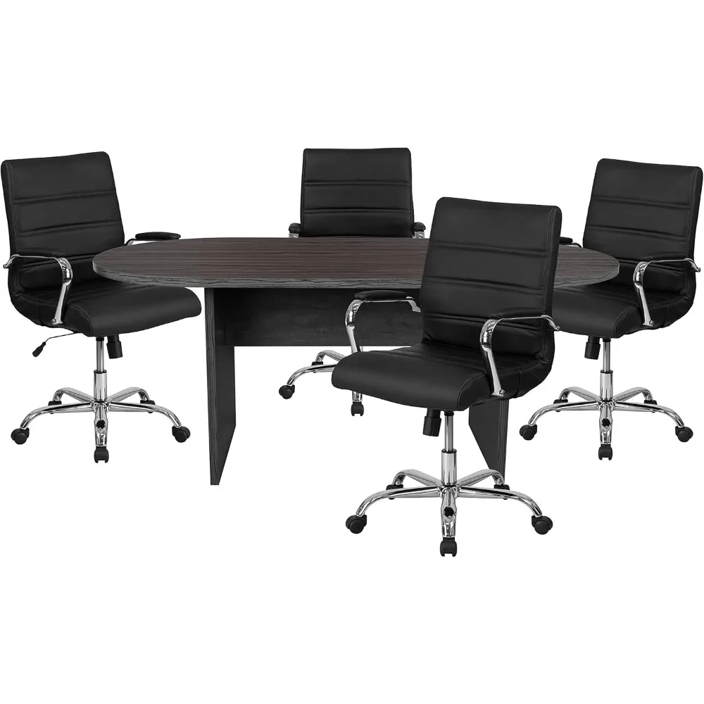 Conference Tables Furniture 5 Piece Rustic Gray Oval Conference Table Set with 4 Black and Chrome LeatherSoft Executive Chairs