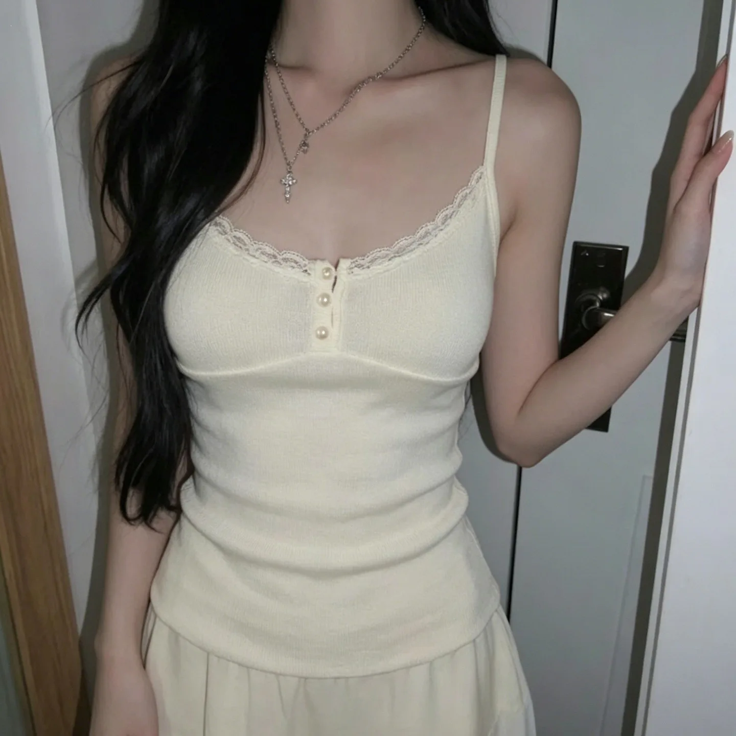 2026 New Sweet Ins Style Knit Cami Top Lace Trim Spliced Button Front Slim Fit Camisole Teen Dopamine Color Sleeveless Vest