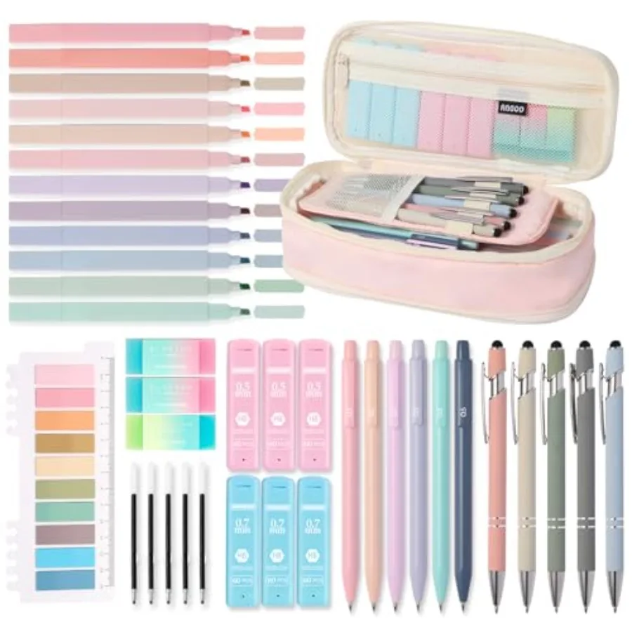 

39PCS Aesthetic School Supplies with Cute Pencil Case, 5X Ballpoint Pens with Stylus Tip, 12X Pastel Highlighters, 6X Mechanica