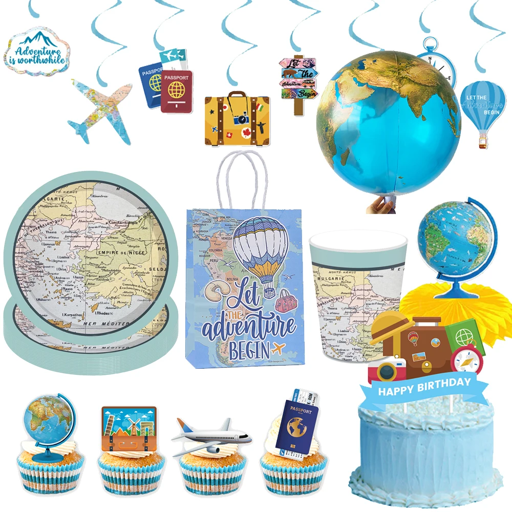 Globale Reise Einweggeschirr Teller Tassen Hängende Spirale Kuchen Topper Luftballons Abenteuer Ruhestand Abschlussfeier Dekor – Detail 1