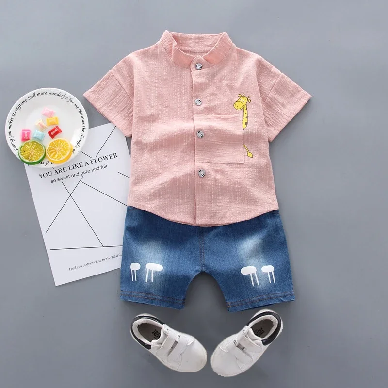 Conjunto infantil de camisa e shorts de algodão manga curta, roupas de meninos, desenhos animados, verão, novo, 1-4 anos, 2 peças