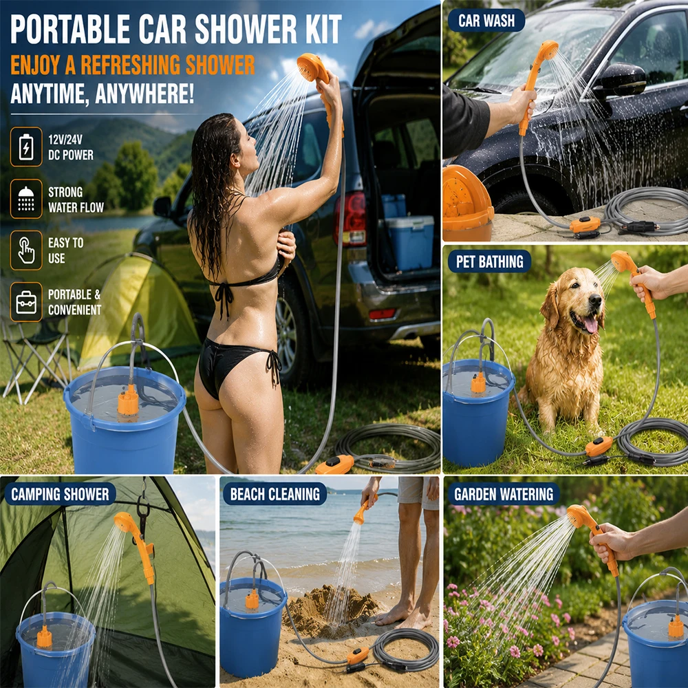 12V/24V Portable Car Shower Kit Outdoor Camping Shower Car Washer Electric Water Pump Travel Cleaning Tool