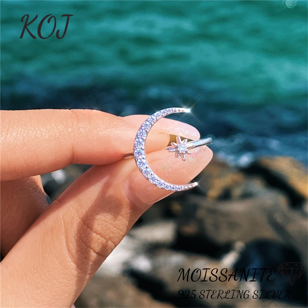 KOJ 1PC 925 Sterling Silver Moissanite Adjustable Ring Star Moon Design For Women Elegant Daily Party Fine Jewelry Accessories