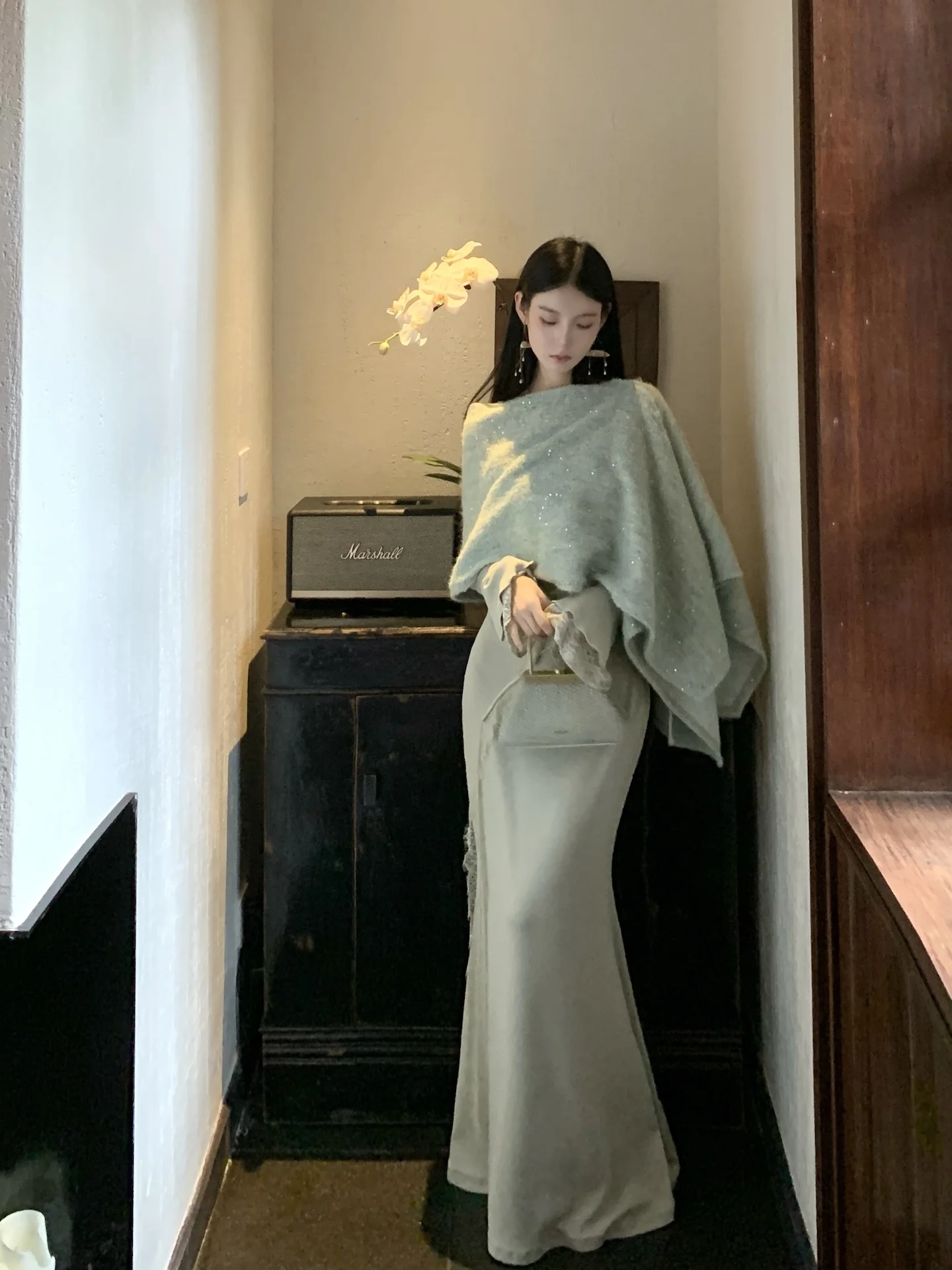 

Walkink Mint Star Wool Blend Heavy Embellied Sequin Patchwork Coat Autumn Winter Women's Faion Elastic Fiber Blend