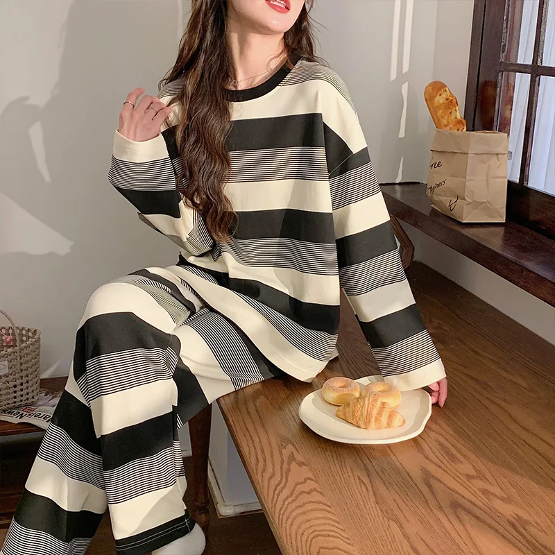 Striped Pajama Sets Women Leisure O-neck Baggy American Style Slouchy Street Temperament Loungewear Spring Long Sleeve Advanced