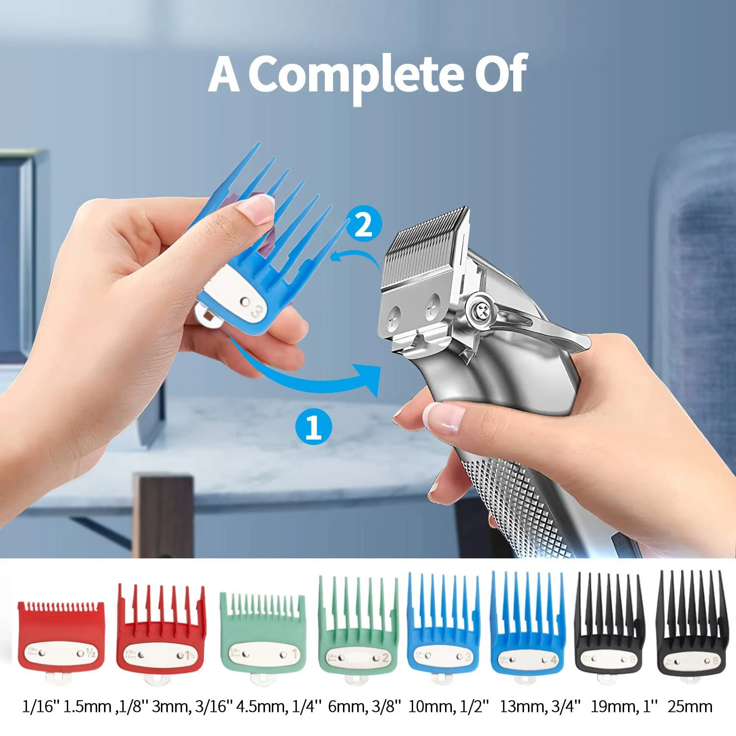 8Pcs Professional Limit Comb Cutting Guide Combs 1.5/3/4.5/6/10/13/19/25MM Set Hair Clipper For Kemei KM-809A/PG809A