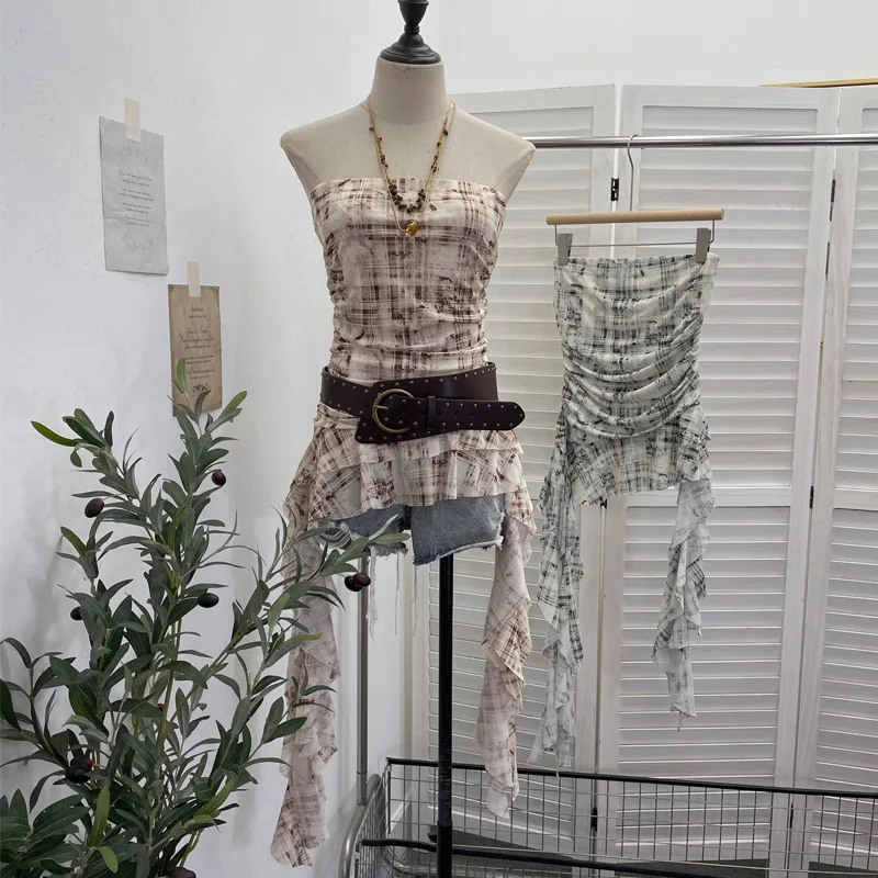 Chic Plaid Double Layer Tulle Strapless Vest Lightweight Breathable Anti Slip Strip Irregular Ribbon Sleeveless Summer Top 1571