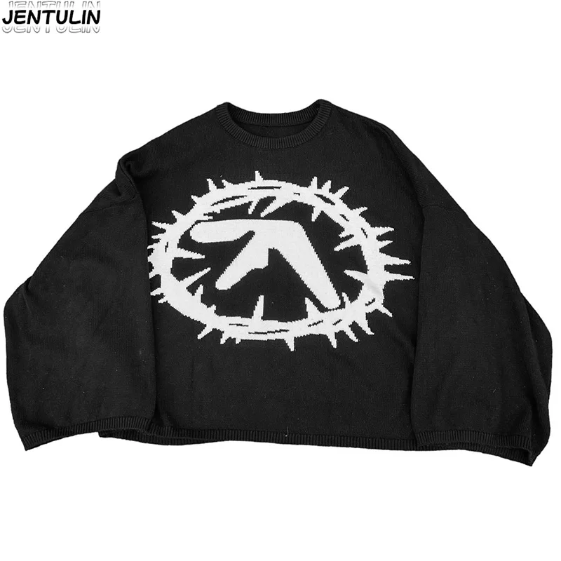 Punk Aphex Twin pattern Knitted Sweater Oversize Hip Hop Men's Pullover Loose Retro Long sleeve Top Womens EMO Winter Streetwear