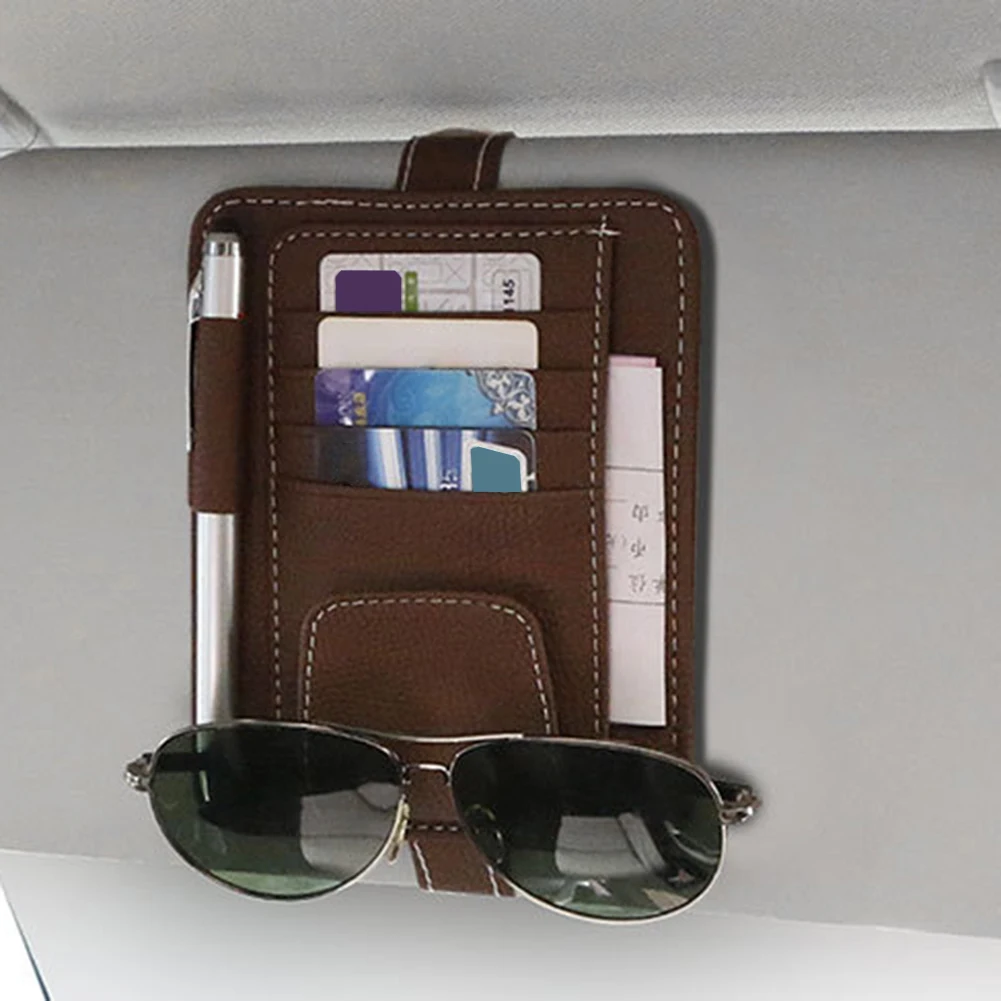 Fashion Car Glasses Clamp Bill Holder Multi-Pocket Leather Sunglasses Clip Card For Storage Data Cable ID Card