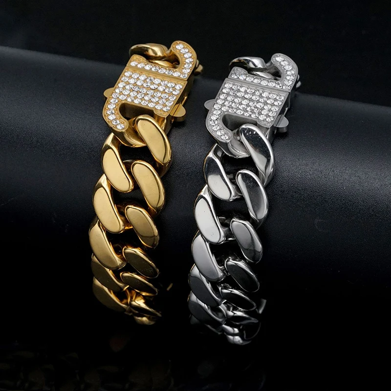 

Hip Hop Bling Iced Out Stainless Steel Round Cuban Miami Link Chain Bracelets for Men Rapper Jewelry Drop Shipping
