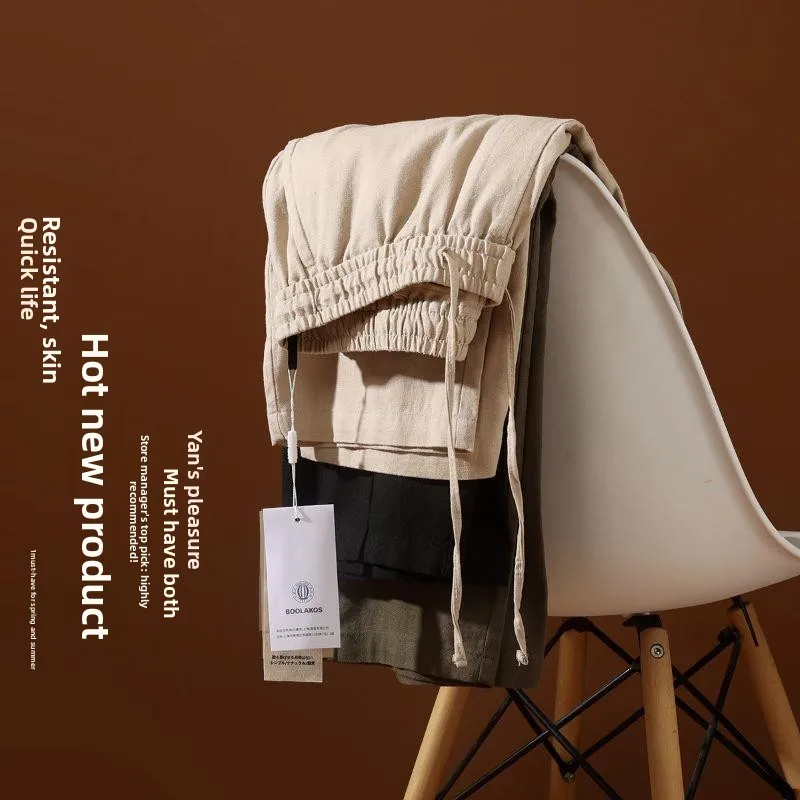 

Мужские повседневные брюки прямого кроя из хлопка и льна с эластичным поясом, летние, модные, городские, длинные, дышащие, влагоотводящие