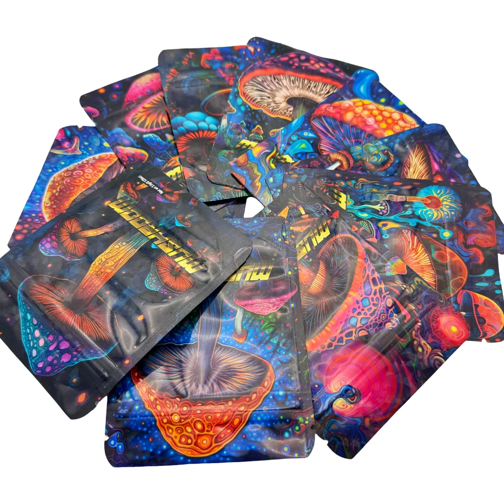 50 個 3.5 グラムキノコ再利用可能なビッグレーザー保存袋マイラー防水プラスチックポーチクッキスパイスパウダージップロックバッグ梱包