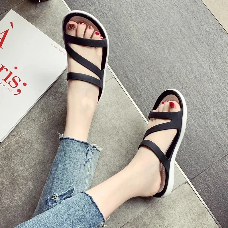 Women Summer Slippers Platform Flat Low Heel Peep Sandals Toe Black Slides Casual Beach Outdoot Female Ladies Jelly Shoes