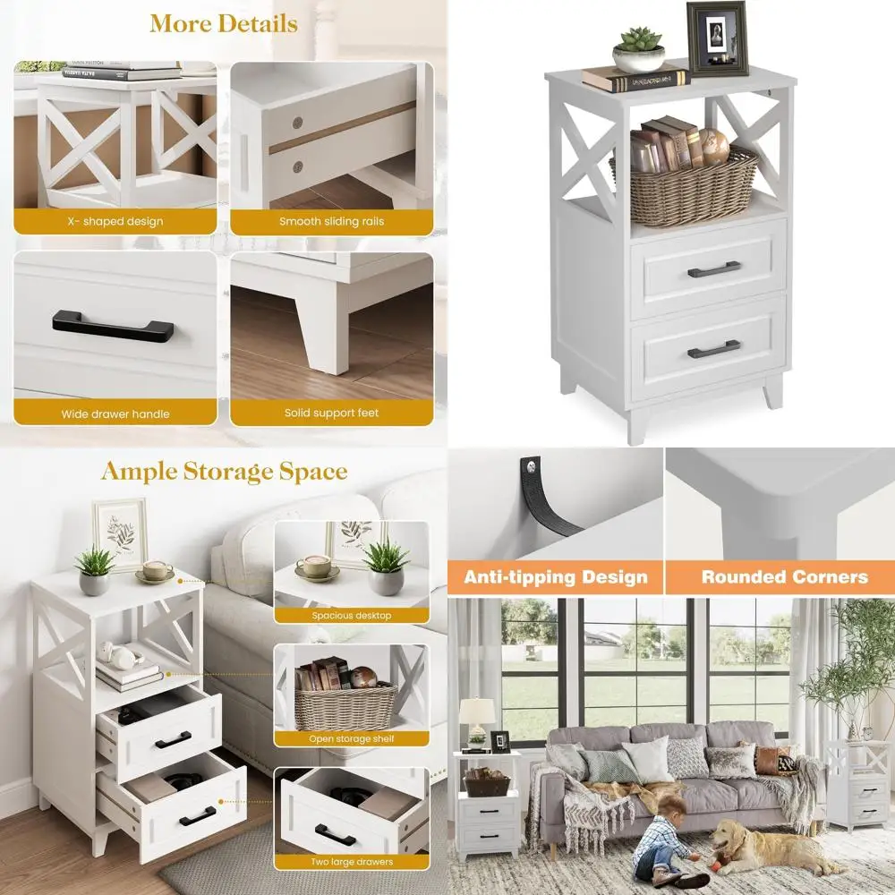 

White 2-Drawer Nightstand with Open Shelf for Bedroom or Home Office