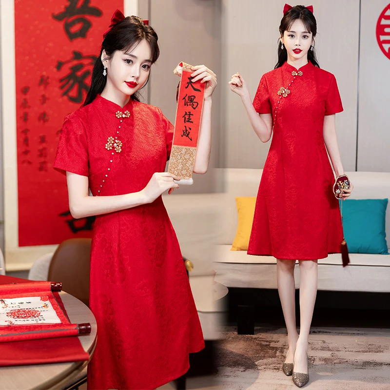 Red Young Modern Improved Cheongsam Chinese Traditional Short Sleeve Dress Qipao for Women New Year CNY