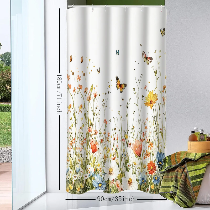 1pc Plant Butterfly Shower Curtain with Metal Grommets, Polyester Bath Curtain Widow Curtain Bathroom Decor & Accessorie