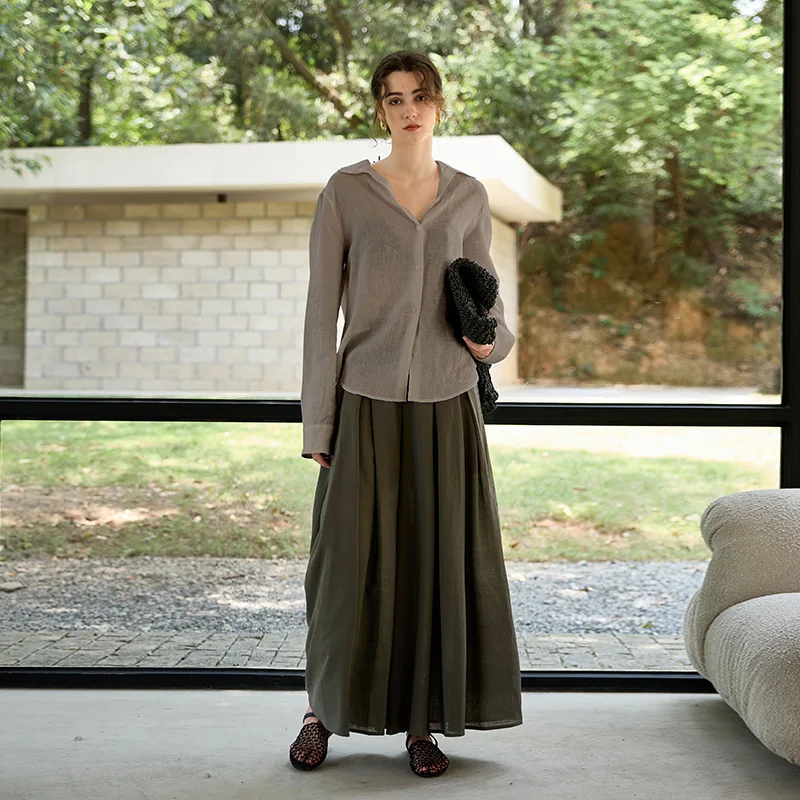 Camicie da donna vintage 100% lino manica lunga abbottonata colletto rovesciato High Street Fashion camicetta casual allentata da ufficio Lady Chic