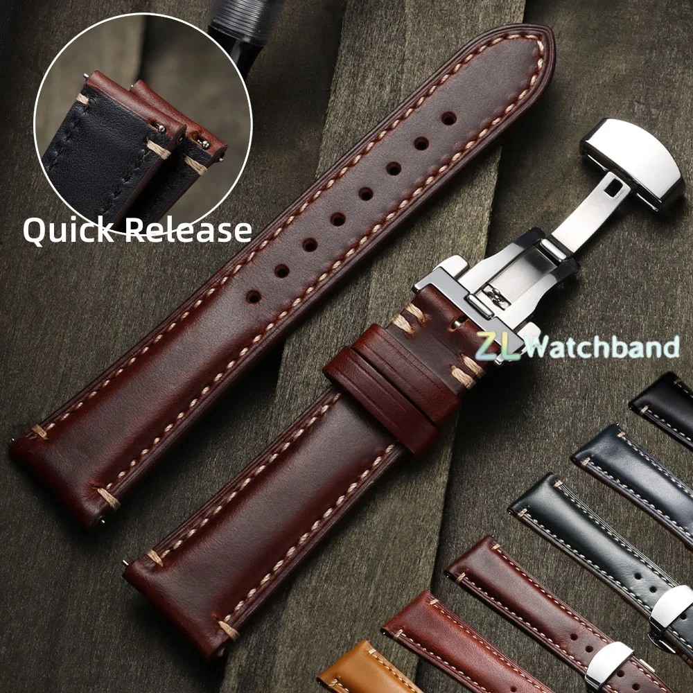 Correa de Cuero Vintage con Hebilla de Mariposa de 20mm 22mm 24mm, Correa de Liberación Rápida para Seiko, Omega, Casio, Correa de Reloj para Negocios