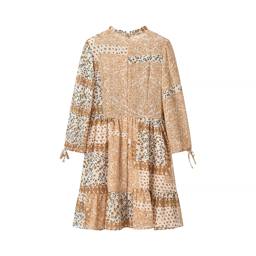 유행하는 플로럴 프린트 민소매 원피스, 리본 디자인, 하이웨이스트 폴리에스터 소재, 출퇴근 스타일 여름 원피스